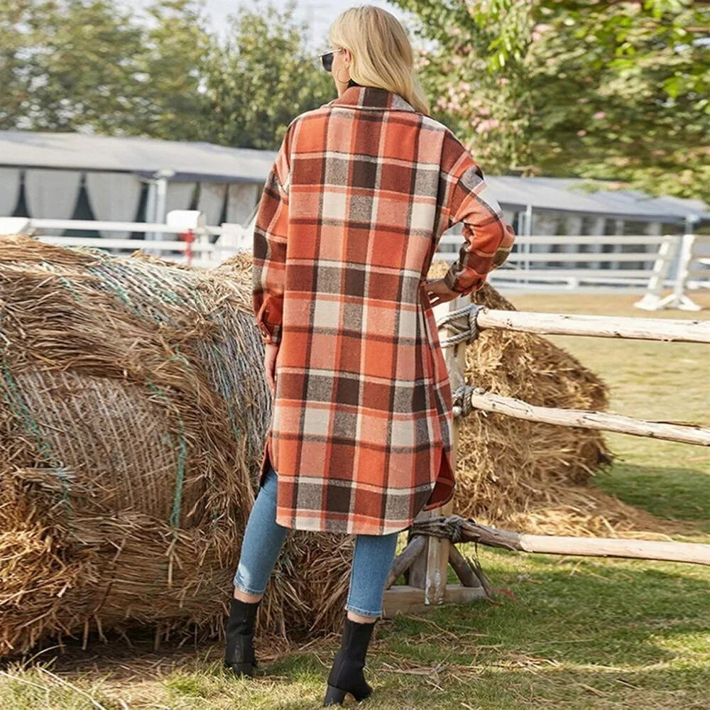 Women's Wool Blend Plaid Shirt Jacket Long Sleeve Casual Buttons Pockets - Picture 2 of 5